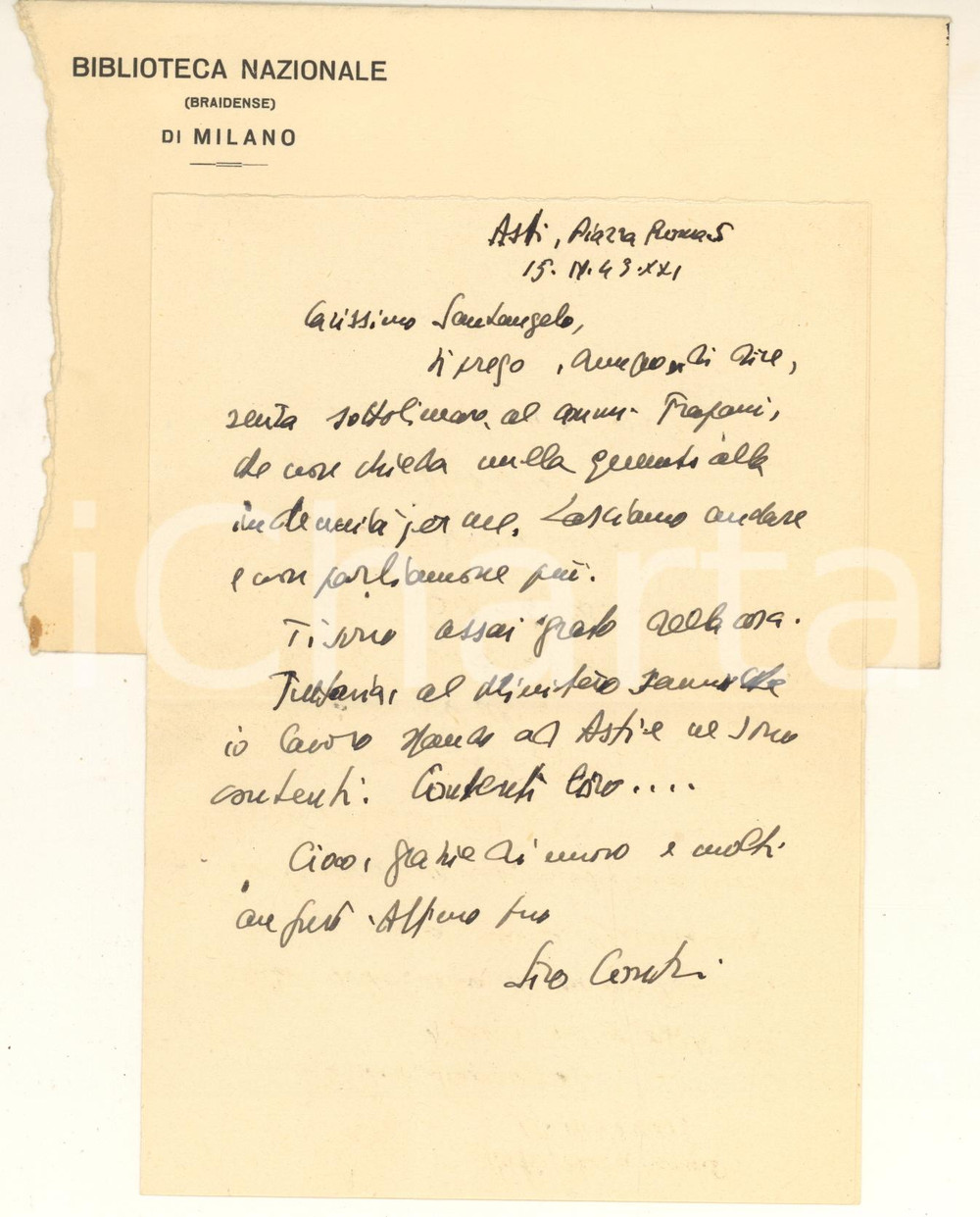 Autografo originale 1943 ASTI Lettera storico Lino CERRUTI per indennità AUTOGRAFO 1