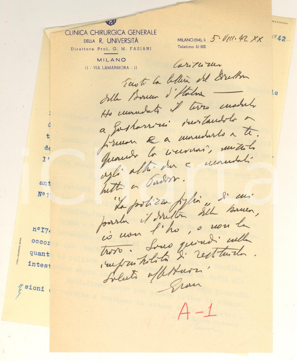 Autografo originale 1942 MILANO Lettera prof. Gian Maria FASIANI per vendita titoli AUTOGRAFO 1