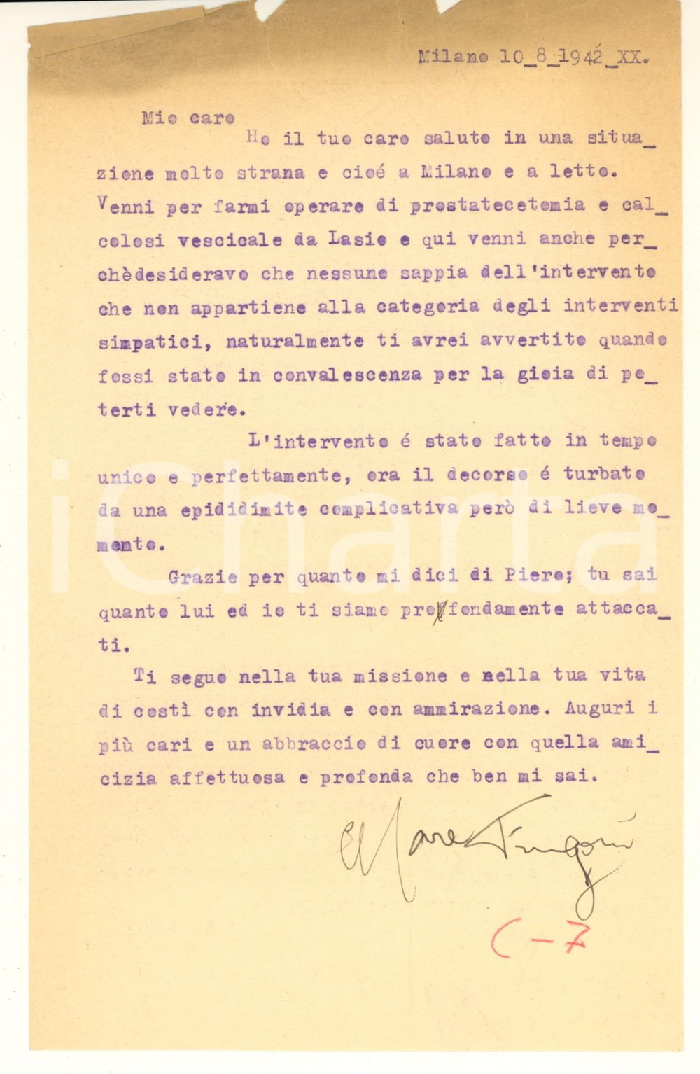Autografo originale 1942 MILANO Lettera Cesare FRUGONI a un collega e amico AUTOGRAFO 1