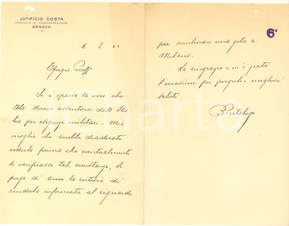 1942 GENOVA Jutificio COSTA - Rocco PRATOLONGO su visita a Milano *AUTOGRAFO Lettera interamente autografa di Rocco Pratolongo, genero di Andrea Costa (fondatore dello Jutificio Costa) e successivamente responsabile aziendale.PAGINE: 4 (2 scritte)   POOR/danneggiato piegature d'epoca;  ingiallimenti e piccolo strappo al lato superiore FORMATO: 14x23 cm originale e autentica 1