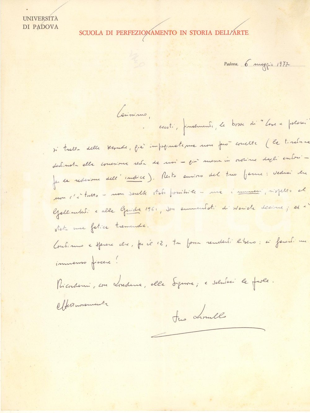 Autografo originale 1977 PADOVA Lionello PUPPI invia bozze di Cose e parole AUTOGRAFO 1