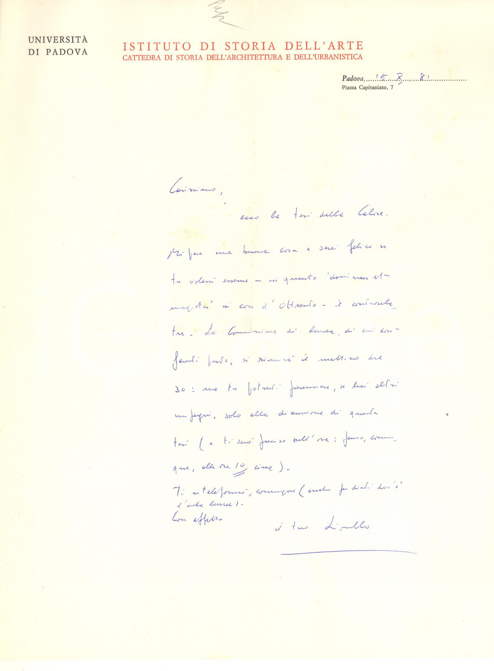 Autografo originale 1981 PADOVA Lionello PUPPI invita un collega come controrelatore AUTOGRAFO 1