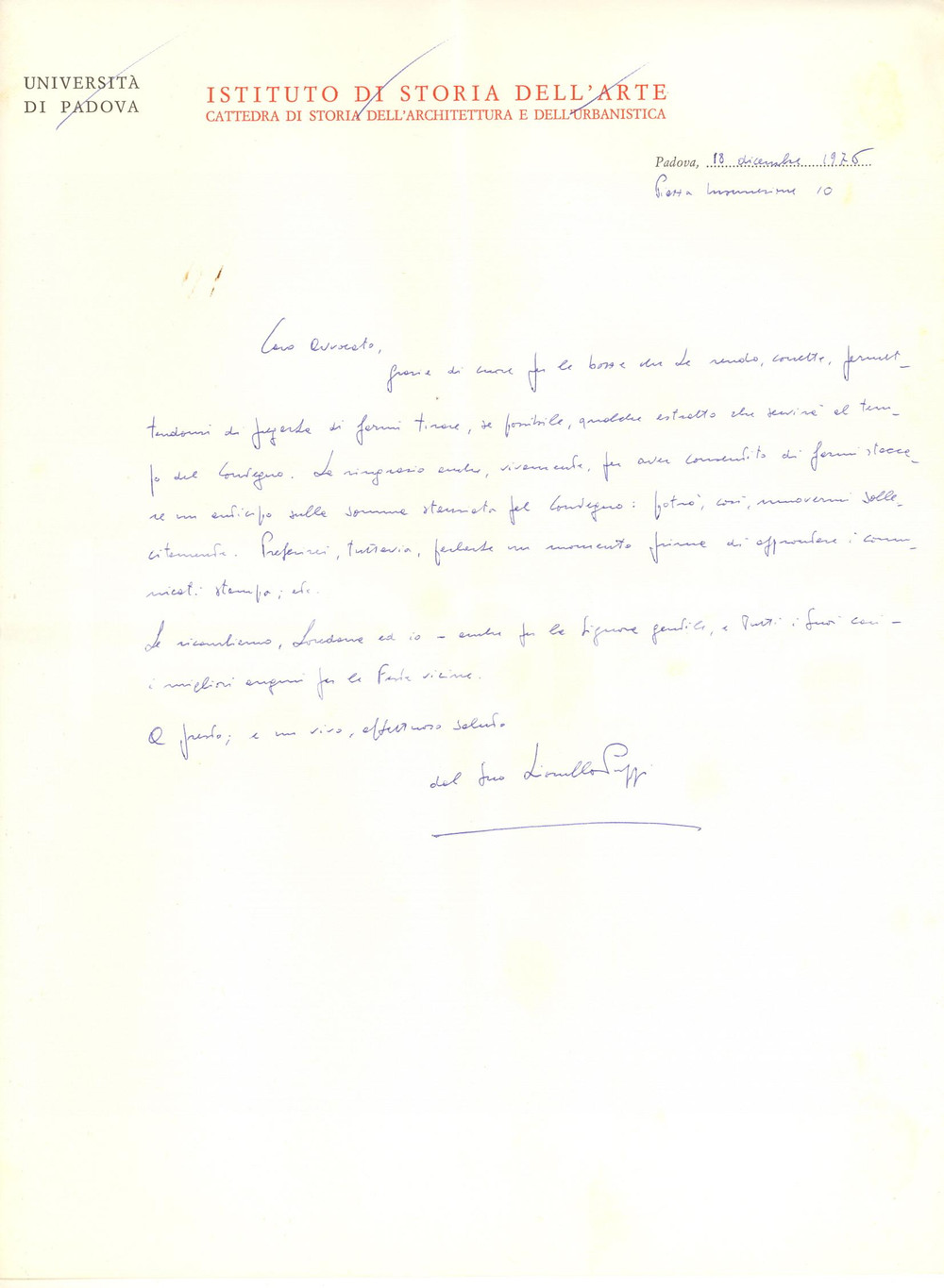 Autografo originale 1976 PADOVA Lettera Lionello PUPPI in preparazione di un convegno AUTOGRAFO 1