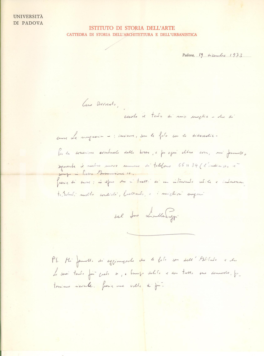 Autografo originale 1973 PADOVA Lettera Lionello PUPPI su bozze della moglie Loredana AUTOGRAFO 1