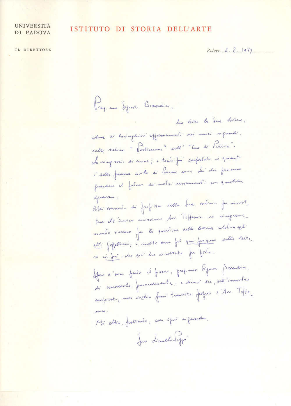 Autografo originale 1979 PADOVA Lionello PUPPI ringrazia Arnaldo BOSCARDIN per recensione AUTOGRAFO 1