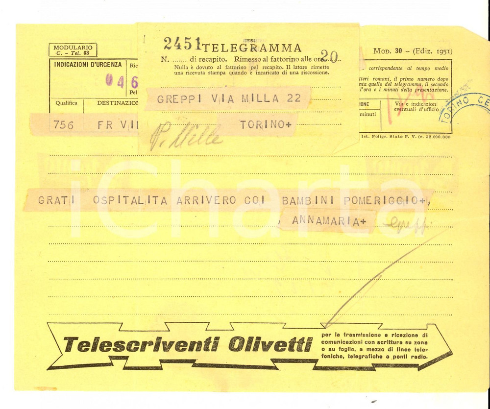 Documento originale, autentico 1953 TORINO Telegramma pubblicitario Telescriventi OLIVETTI  YOMO VINTAGE 1