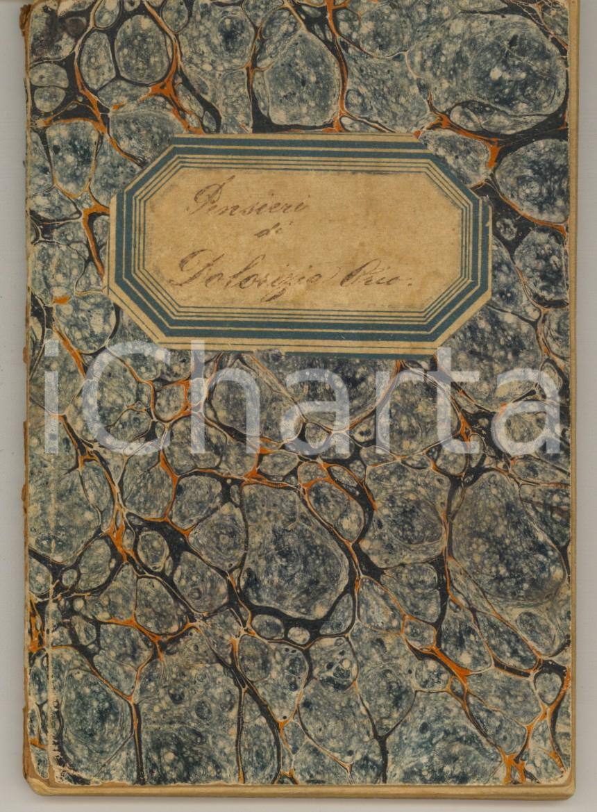 1900 ca Pensieri di Dolorizia Orio - Quaderno miscellaneo AUTOGRAFO Quaderno manoscritto, originale d'epoca, redatto da una giovane donna con tracce di temi, qualche appunto e numerose massime e aforismi.Testimonianza di vita quotidiana e scrittura femminile, da studiare.PAGINE: 80 (circa 50 scritte)  FAIR/discreto tracce d'uso e rosure in copertina FORMATO: 10x15 cm originale e autentica 1