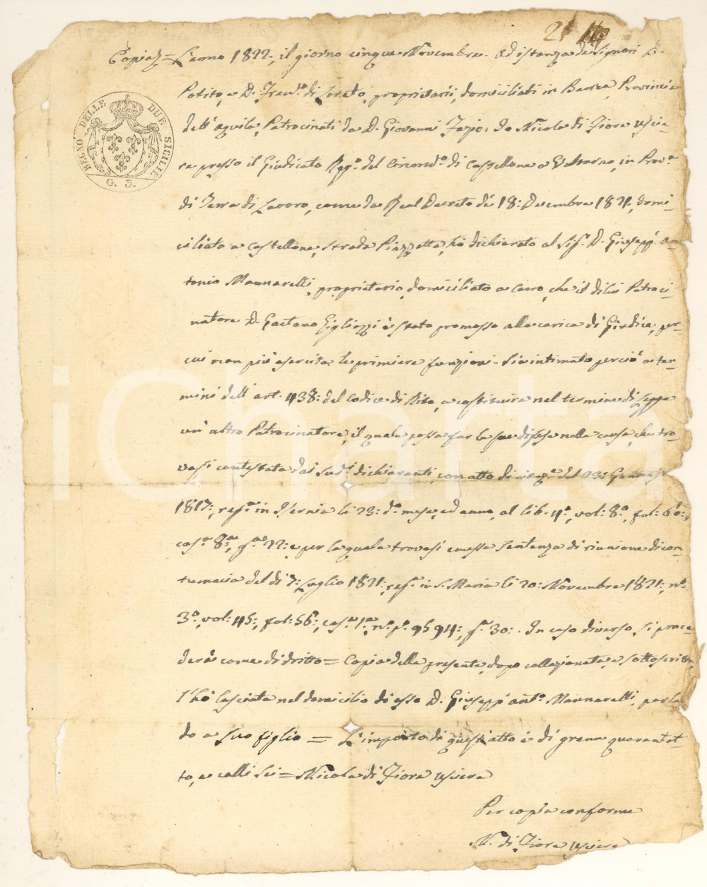 Documento originale, autentico 1822 VILLETTA BARREA Giuseppe Antonio MANNARELLI in cerca di nuovo patrocinatore 1