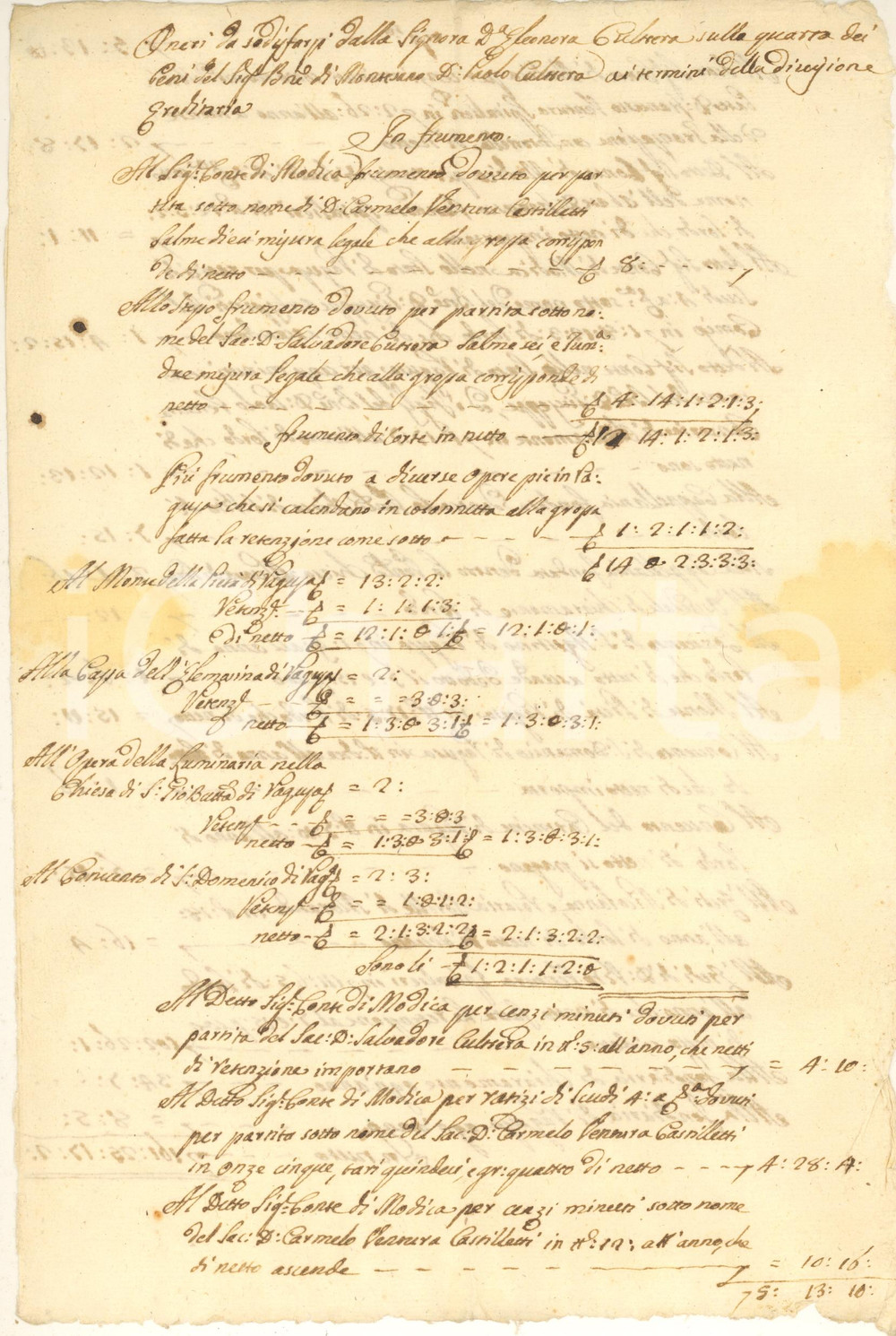 Documento originale, autentico 1800 ca Area RAGUSA  Oneri donna Eleonora CULTRERA su eredità barone MONTESANO 1