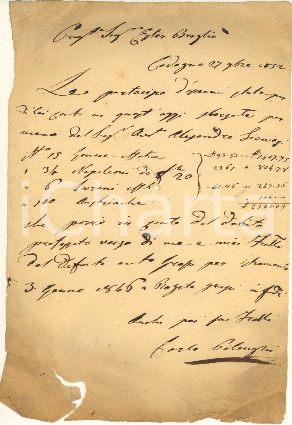 Documento originale, autentico 1852 CODOGNO LO Ricevuta Carlo POLENGHI per saldo debito GRASSI Autografo 1