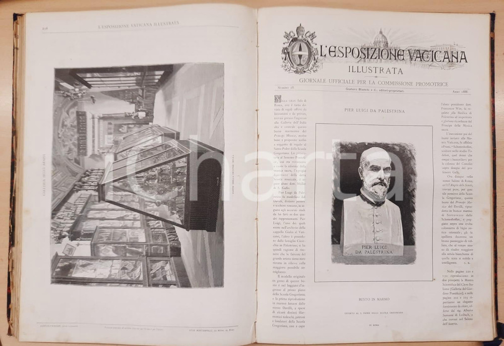1888 L'Esposizione Vaticana illustrata - Volume rilegato Serie 1^ *BIANCHI ROMA Titolo completo: "L'”Esposizione Vaticana illustrata: periodico ufficiale per la commissione promotrice : premiato con diploma di Medaglia d ́Oro".Volume rilegato, contenente i fascicoli dal numero 1 del Maggio 1887 fino al numero 40 del 1888. Riccamente illustrato.Copertina cartonata rigida, titoli dorati al dorso.EDITORE: Gustavo Bianchi - Roma PAGINE: 320CONDIZIONI:FAIR/discreto buone condizioni interne, ma fioriture e ingiallimenti alle prime pagine, rosure e danni ai piattiFORMATO: 27x38 cm originale e autentica 1