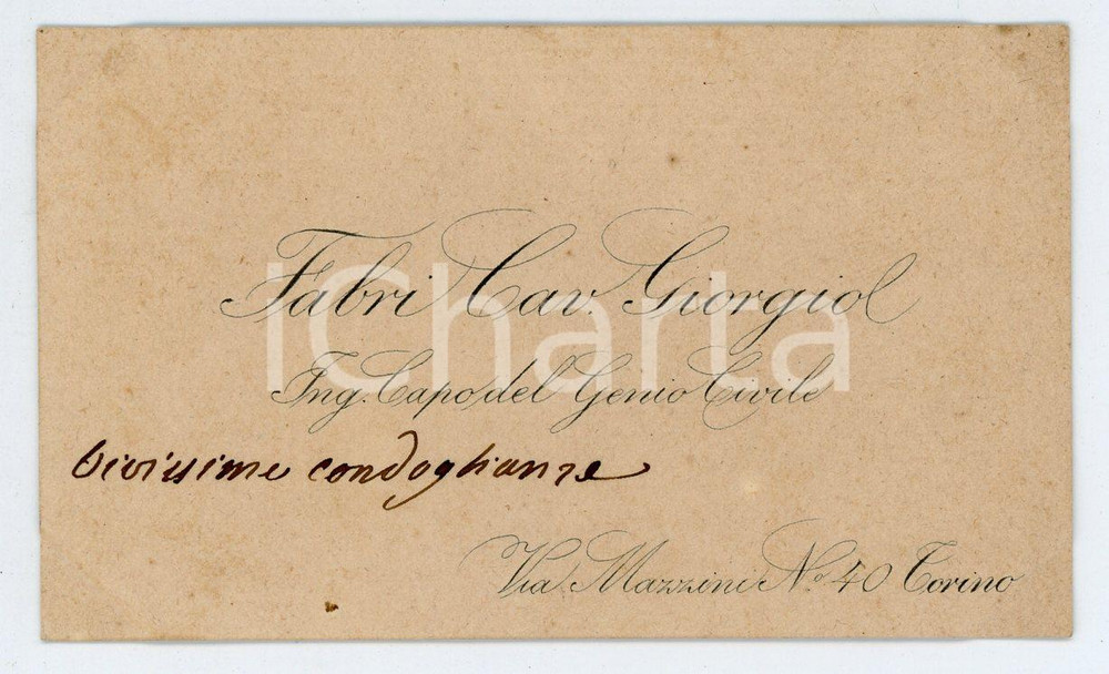 Autografo originale 1920 ca TORINO Cav. Giorgio FABRI Genio civile Biglietto condoglianze AUTOGRAFO 1