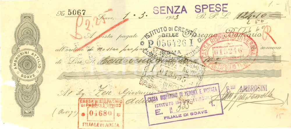 Oggetto da collezione cartaceo 1933 SOAVE (VR) Ditta Attilio AMBROSINI Assegno pubblicitario ^Documento 1