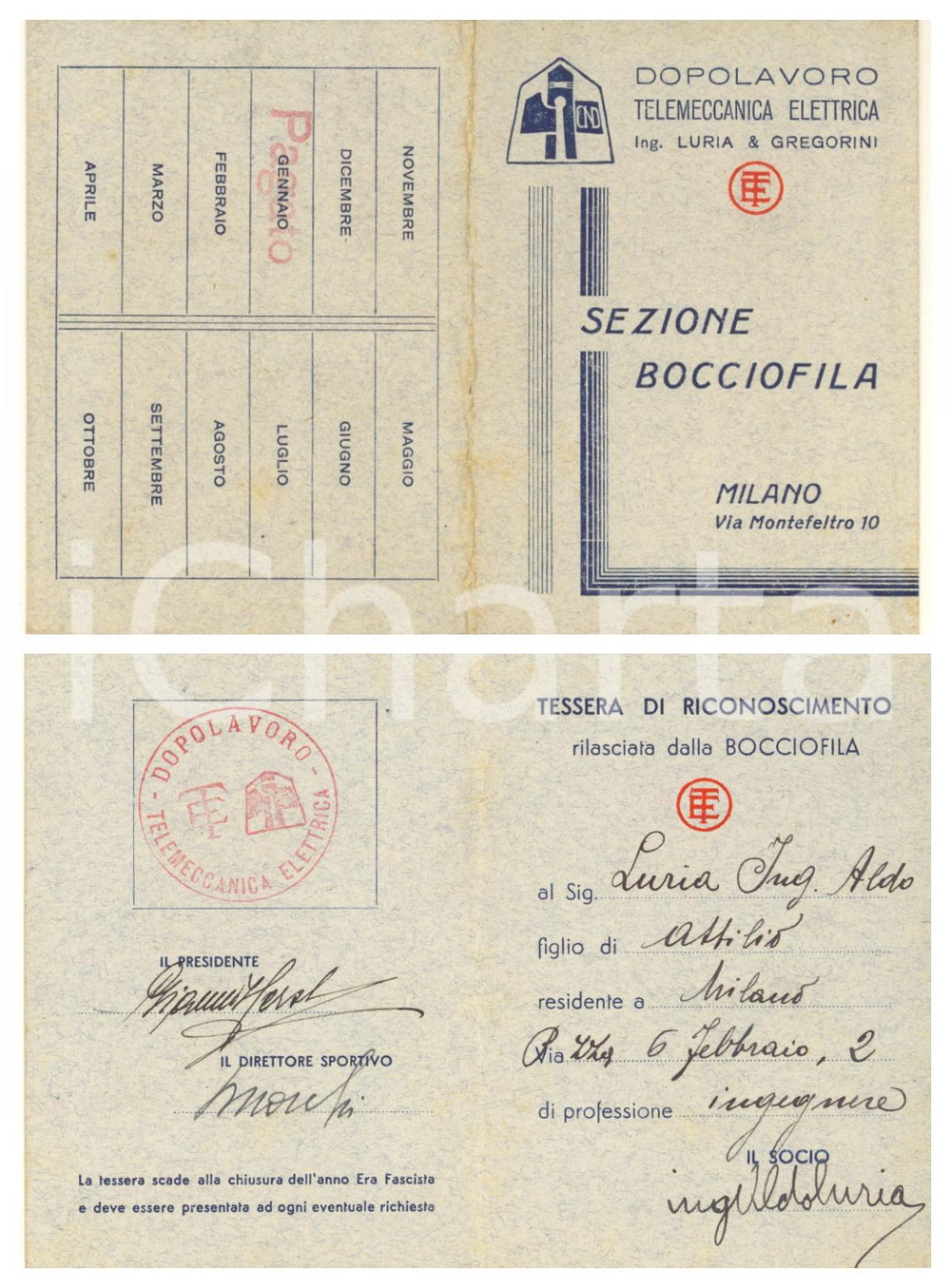 Oggetto da collezione cartaceo 1940 ca MILANO Dopolavoro LURIA & GREGORINI  Tessera bocciofila ing. Aldo LURIA 1