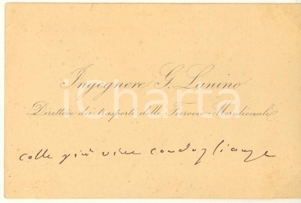 1890 ca BOLOGNA Ing. Giuseppe LANINO - Biglietto da visita AUTOGRAFO Biglietto da visita originale d'epoca, con messaggio autografo di condoglianze.  FAIR/discreto schiacciamento angolare da inserimento in un album FORMATO: 10x6 cm originale e autentica 1