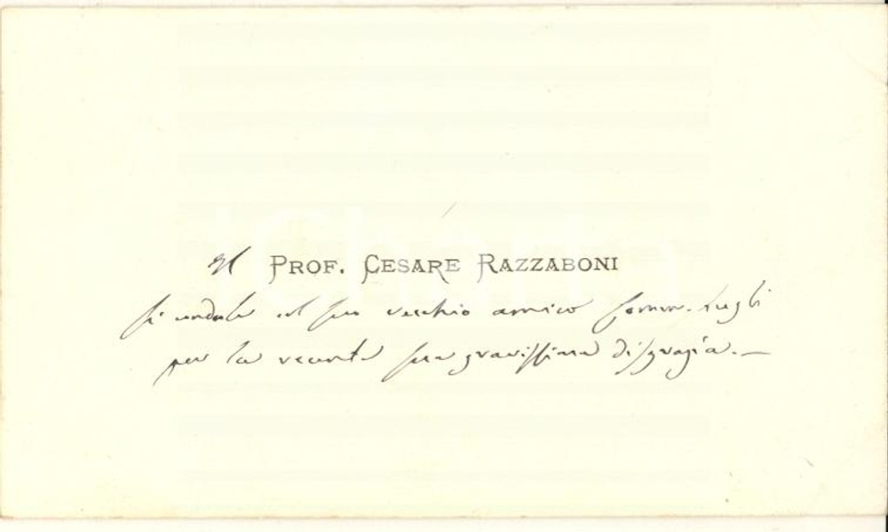 1890 ca BOLOGNA Prof. Cesare RAZZABONI - Biglietto da visita AUTOGRAFO Biglietto da visita originale d'epoca, con messaggio autografo di condoglianze.  FAIR/discreto schiacciamento angolare da inserimento in un album FORMATO: 9,5x6 cm originale e autentica 1