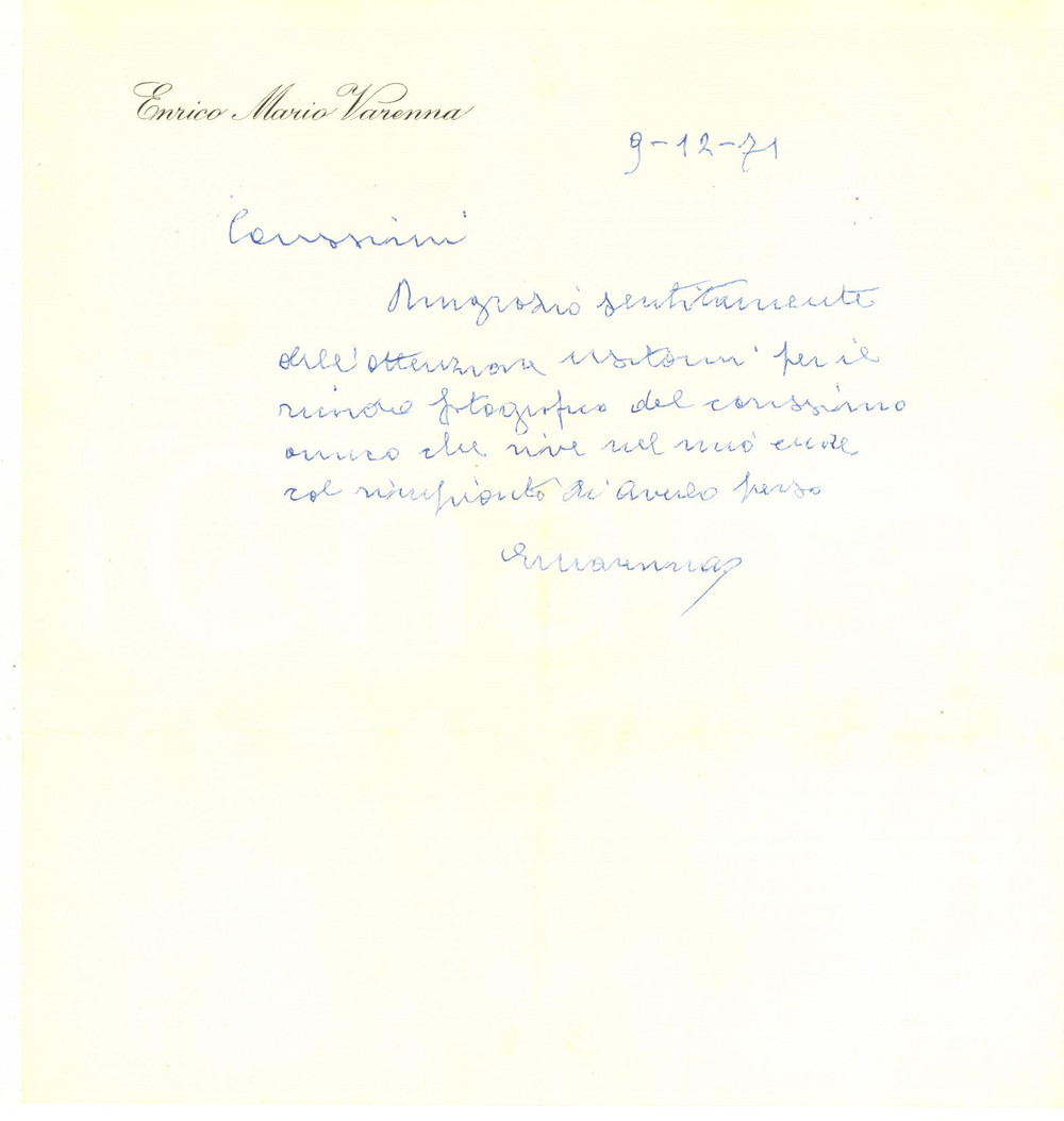 Autografo originale 1971 Lettera di Enrico Maria VARENNA per ricordo ricevuto AUTOGRAFO 1