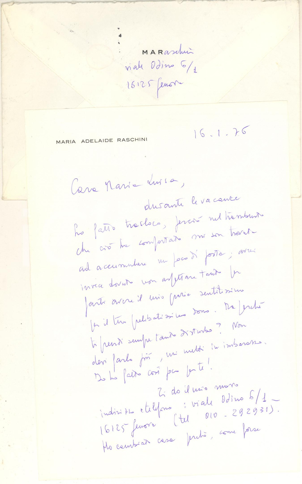 Autografo originale 1976 GENOVA Filosofa Maria Adelaide RASCHINI ringrazia per dono Autografo 1