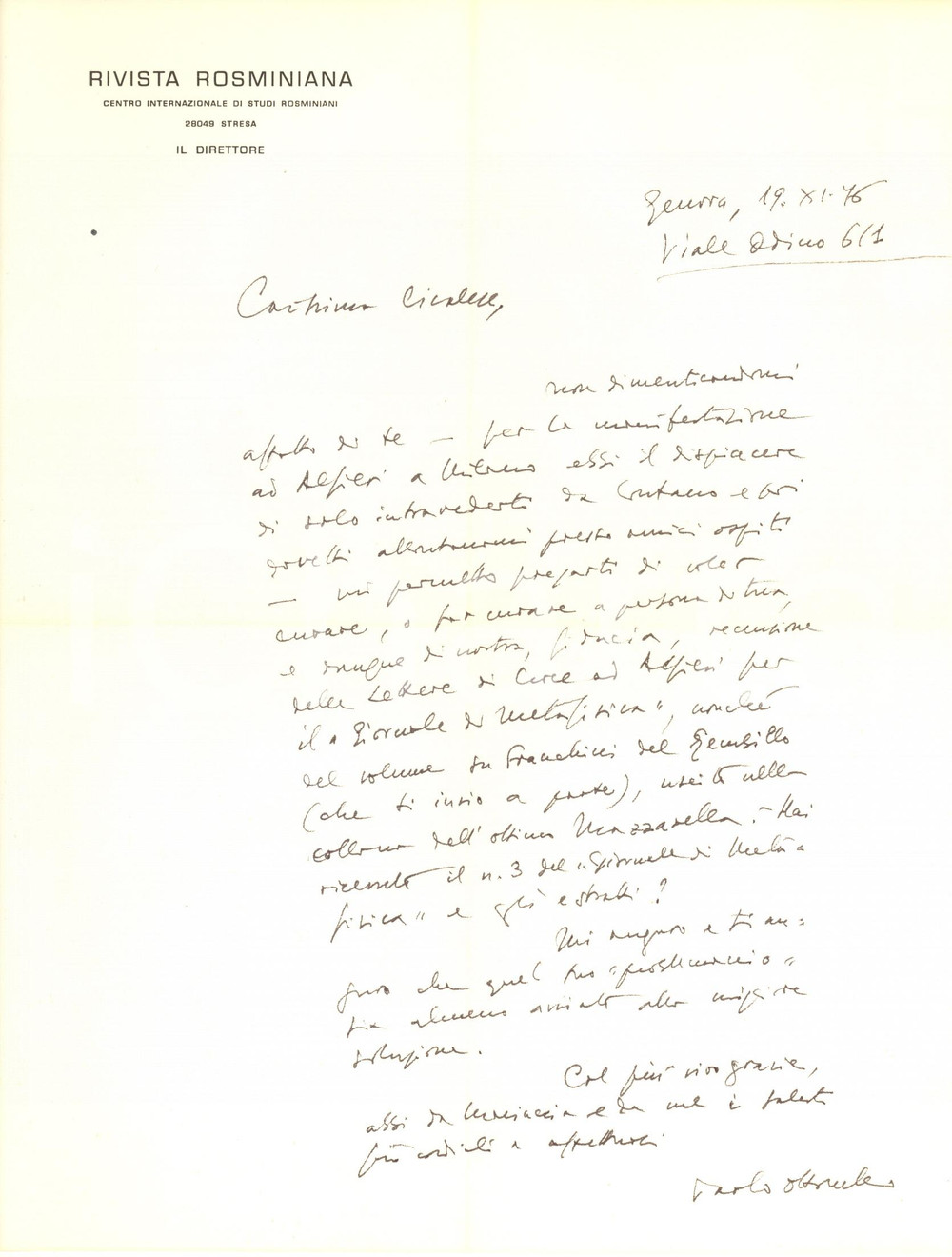 Autografo originale 1976 GENOVA Lettera Pier Paolo OTTONELLO direttore RIVISTA ROSMINIANA AUTOGRAFO 1