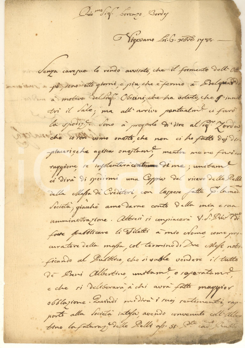 Manoscritto, lettera originale 1788 VIGEVANO Alessandro BONASEGLA uomo onesto su traffico pelli e frumento 1