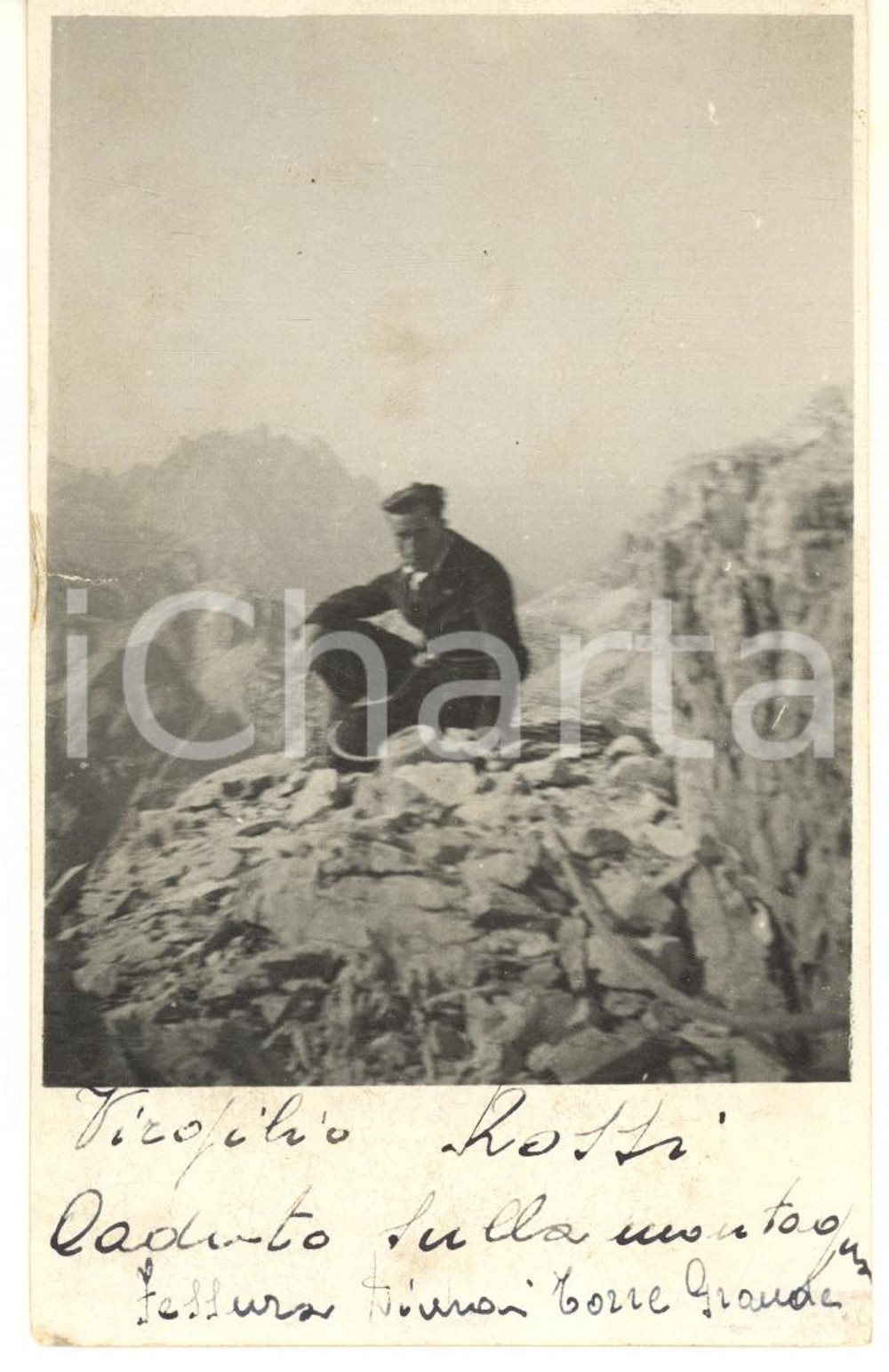 Fotografia d epoca originale 1935 ca DOLOMITI Virgilio ROSSI caduto sulla Torre Grande  Foto 9x14 cm 1