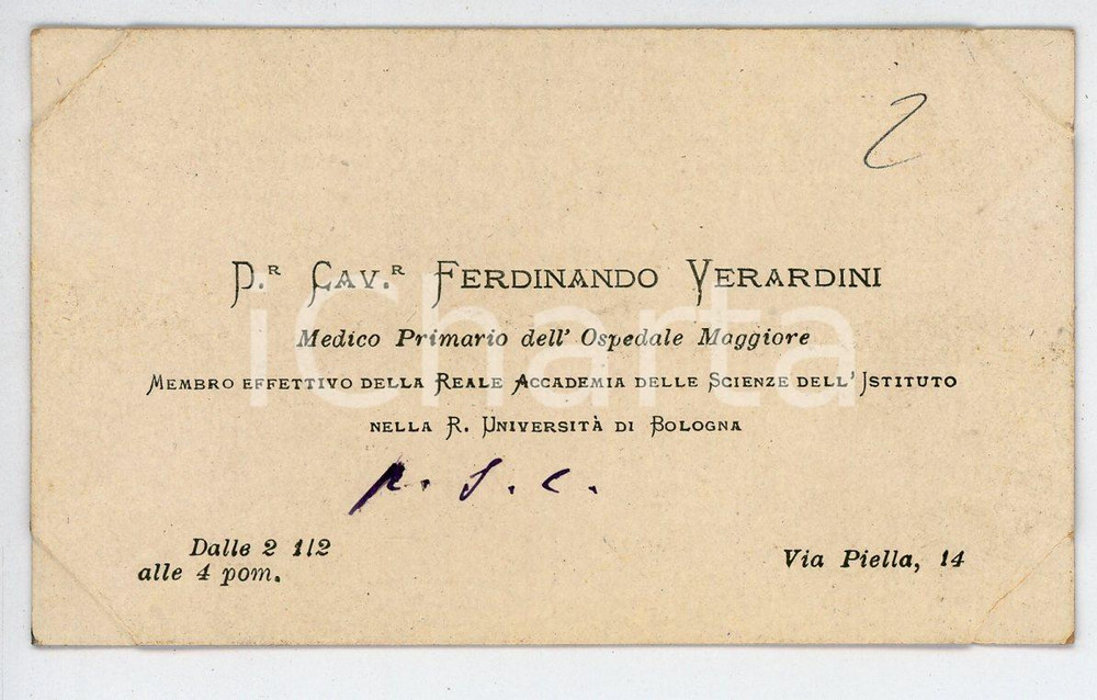 Autografo originale 1890 ca BOLOGNA Ferdinando VERARDINI Primario Ospedale Maggiore  Biglietto 1