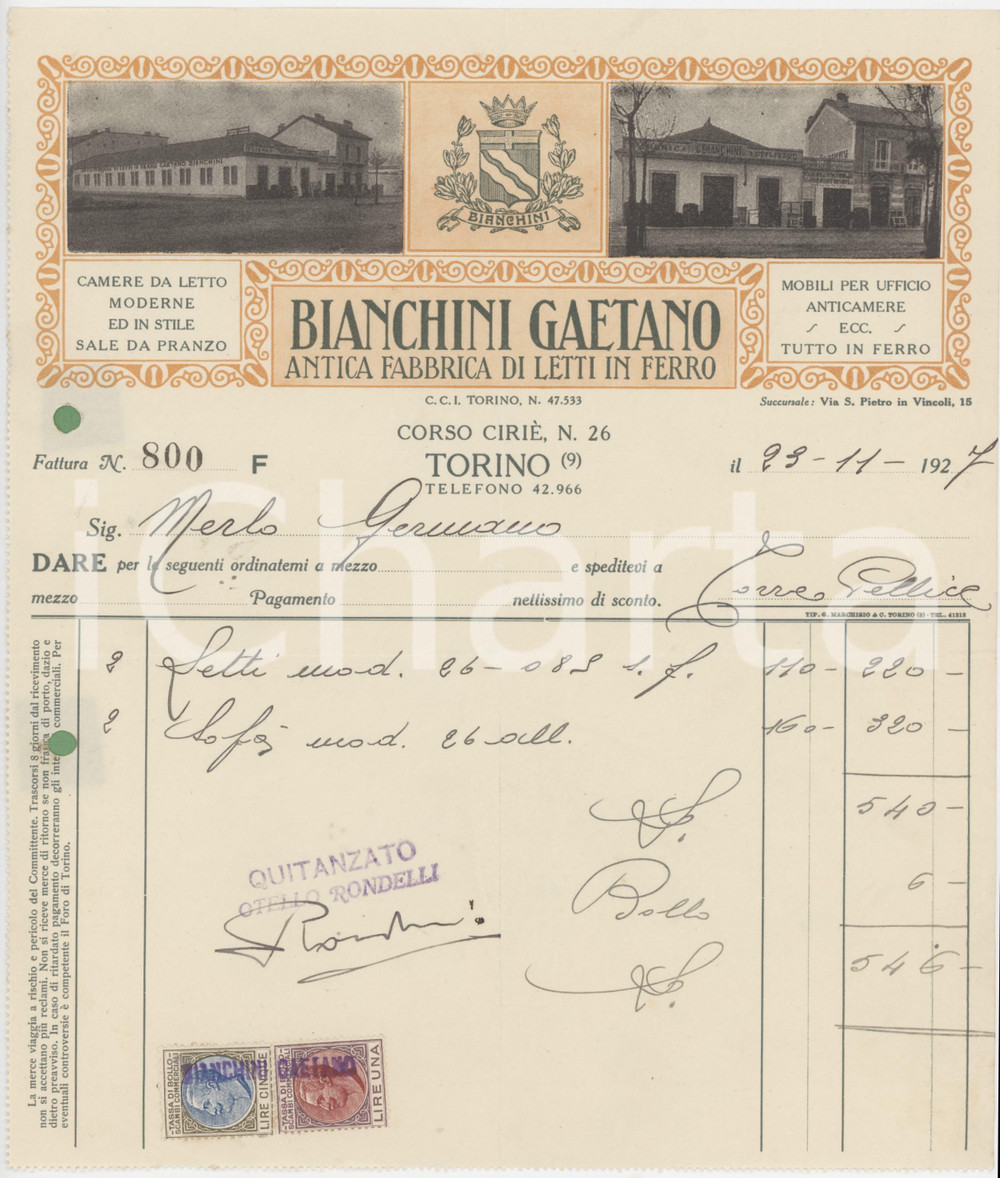 1927 TORINO Corso Ciriè - Gaetano BIANCHINI Fabbrica letti in ferro ^Fattura Fattura commerciale d'epoca manoscritta, su carta intestata illustrata.Presenti marche da bollo.PAGINE: 1  FAIR/discreto piegature d'epoca; fori da classificatore FORMATO: 21x25 cm originale e autentica 1