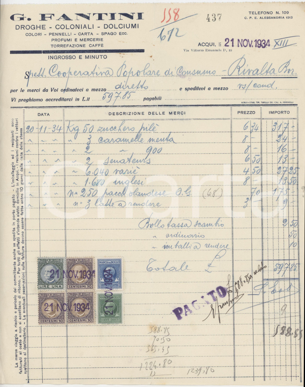 1934 ACQUI TERME Droghe e coloniali G. FANTINI Fattura per caramelle 22x27 Fattura commerciale d'epoca, su carta intestata, manoscritta. Con marche da bollo.  FAIR/discreto Piegature d'epoca FORMATO: 22x27 cm originale e autentica 1