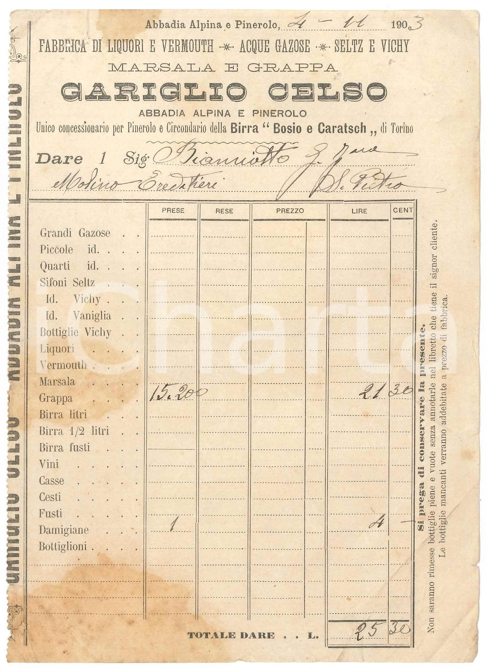 1902 PINEROLO - ABBADIA ALPINA (TO) Celso GARIGLIO Fabbrica di liquori - Fattura Fattura commerciale d'epoca, su carta intestata.PAGINE: 1  POOR/danneggiato piegature d'epoca; piccoli fori da spillatura; macchie evidenti FORMATO: 14x20 cm originale e autentica 1