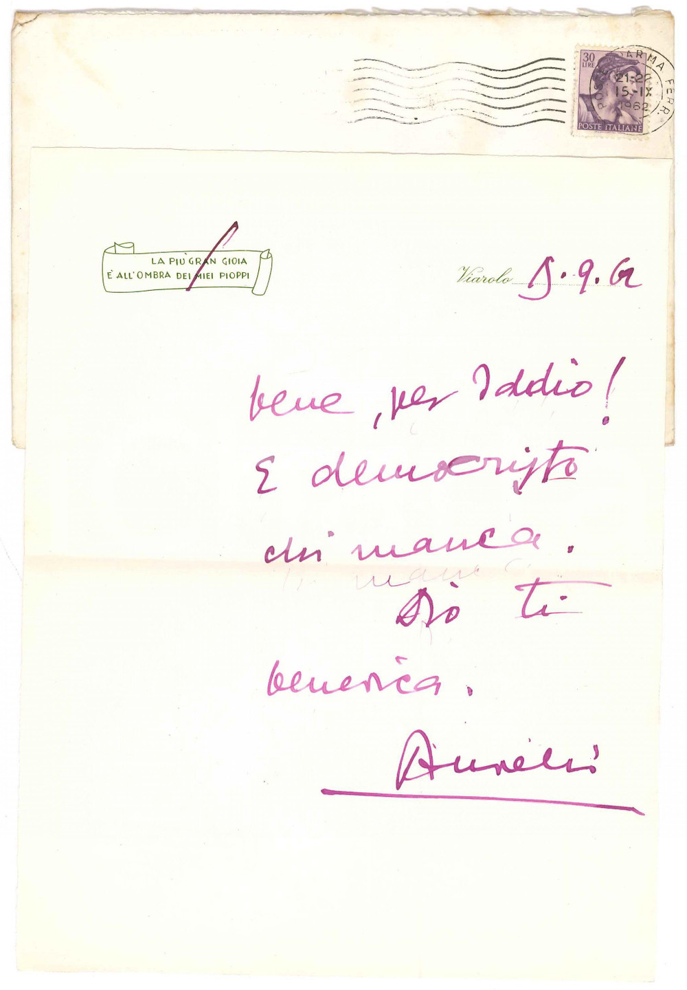 1962 VIAROLO / PARMA Lettera Aurelio CANDIAN a un amico *Autografo 2 Lettera interamente autografa.Su carta intestata; busta viaggiata.PAGINE: 1   FAIR/discreto piegature d'epoca  originale e autentica 1