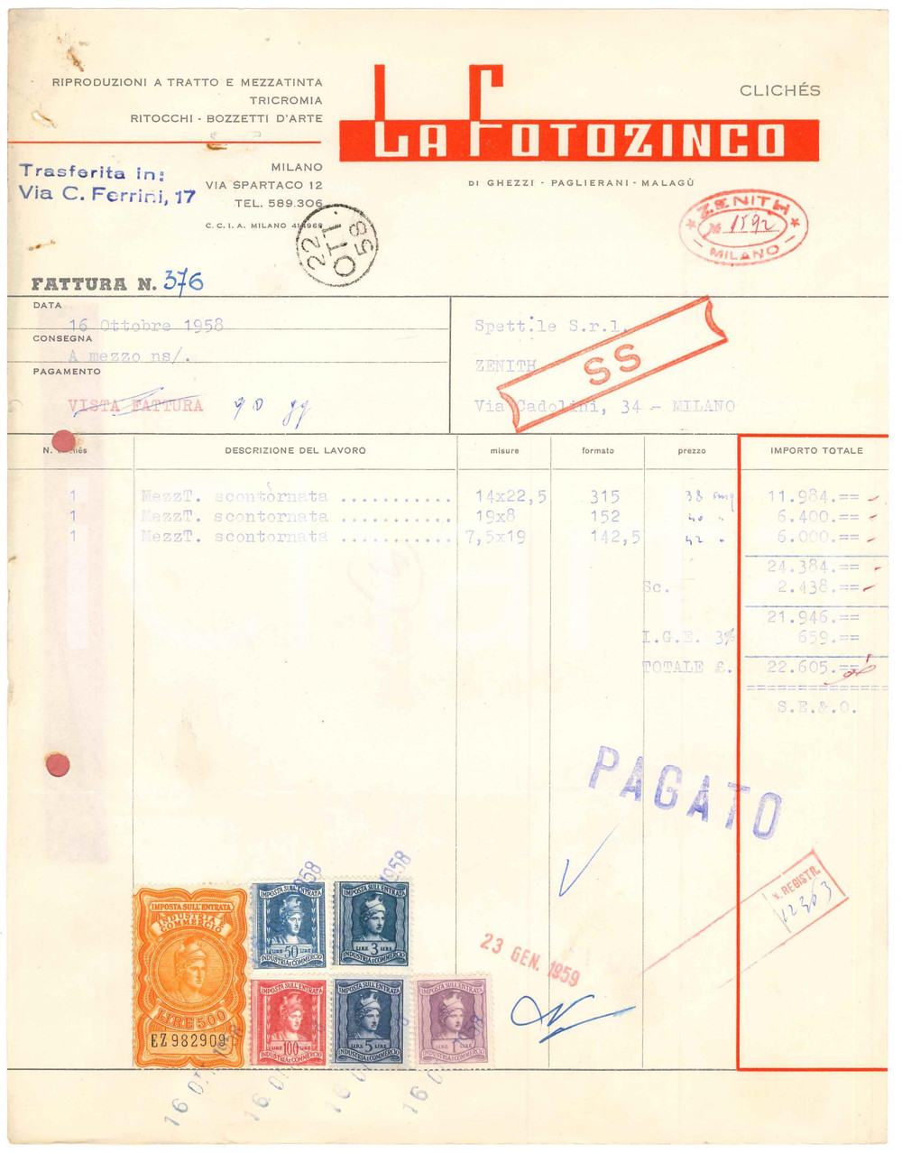 Documento originale, autentico 1958 MILANO Via Spartaco 12 LA FOTOZINCO Riproduzioni e bozzetti Fattura 2 1