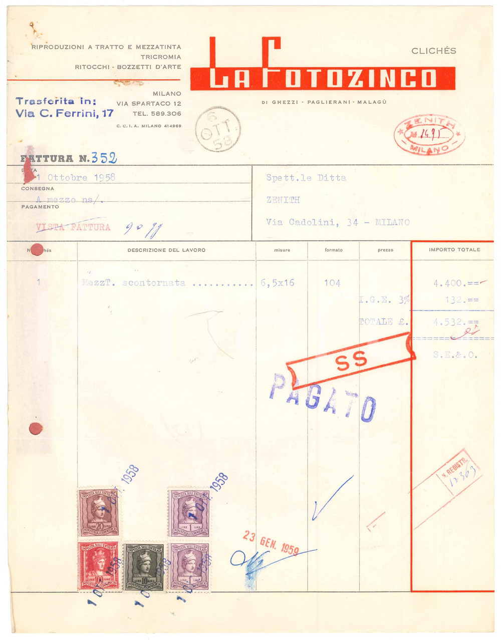 Documento originale, autentico 1958 MILANO Via Spartaco 12 LA FOTOZINCO Riproduzioni e bozzetti Fattura 3 1