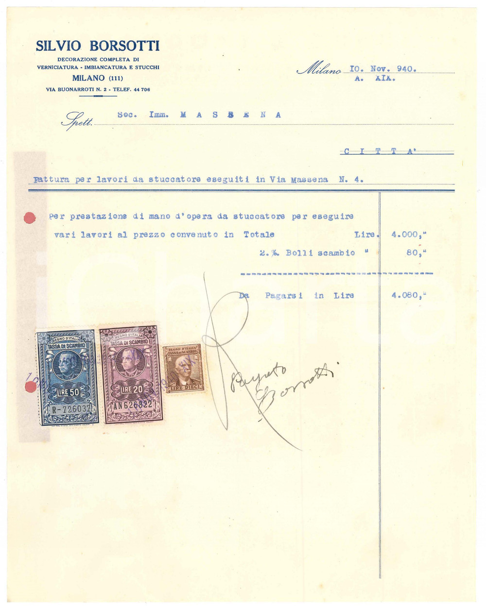 Documento originale, autentico 1940 MILANO via Buonarroti 2  Silvio BORSOTTI Imbiancatura e stucchi  Fattura 1