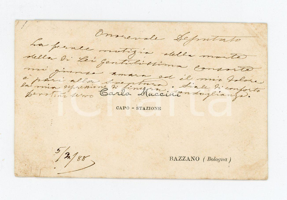 Autografo originale 1888 BAZZANO Carlo MUCCINI Capostazione  Biglietto condoglianze AUTOGRAFO 1