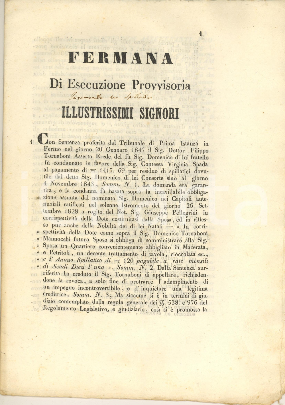 Documento originale, autentico 1847 MACERATA Condanne per versamento di spillatici alla contessa Virginia SPADA 1