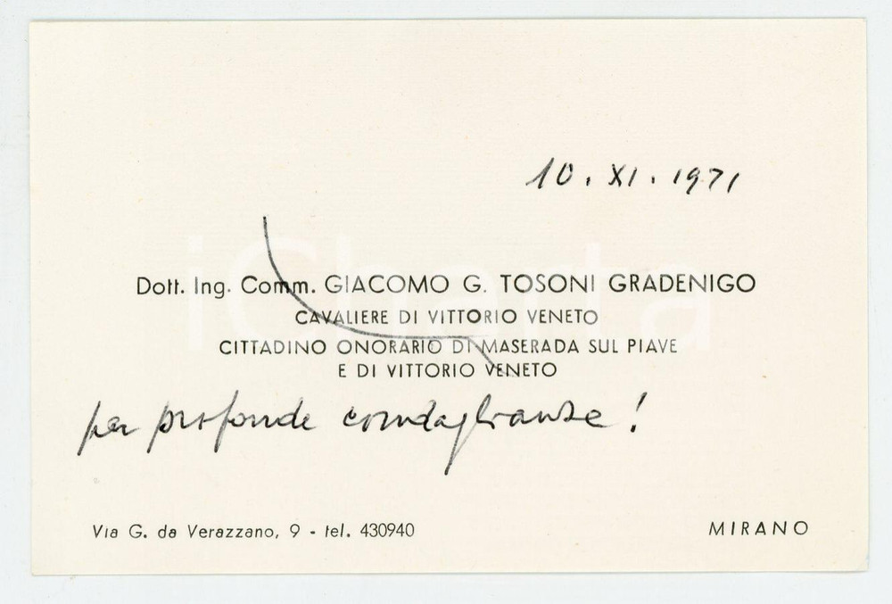 Autografo originale 1971 MIRANO Giacomo G. TOSONI GRADENIGO Biglietto condoglianze AUTOGRAFO 1