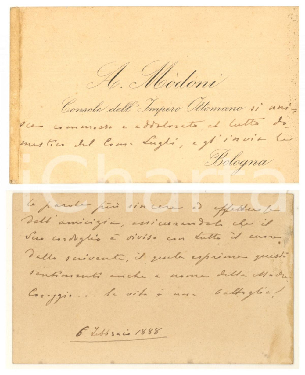 Autografo originale 1888 BOLOGNA Antonio MODONI Console Impero Ottomano  Biglietto AUTOGRAFO 1
