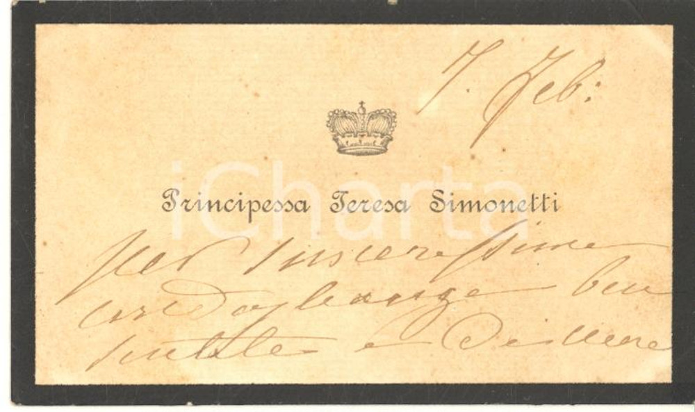 Autografo originale 1890 ca BOLOGNA Principessa Teresa SIMONETTI  Biglietto AUTOGRAFO 1