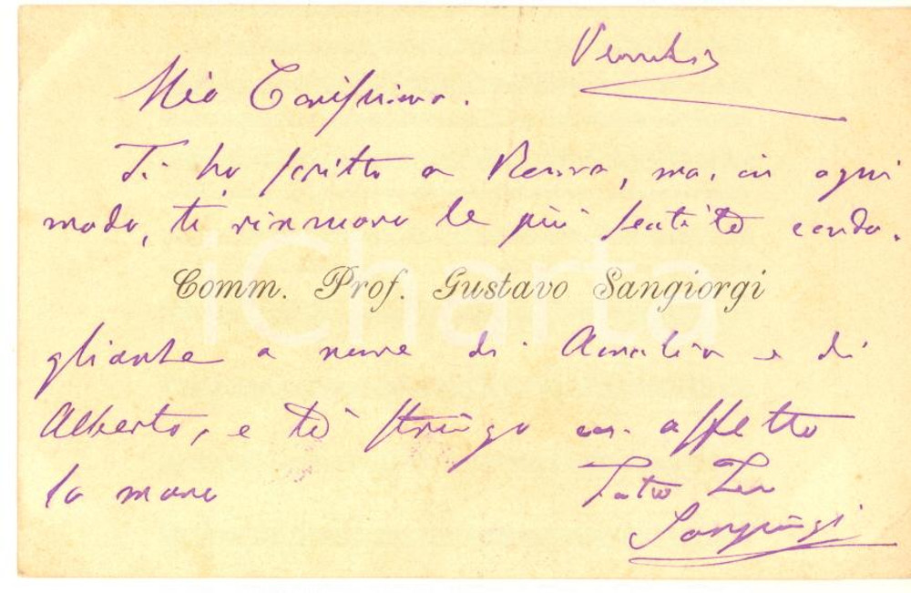 Autografo originale 1890 ca BOLOGNA Comm. Prof. Gustavo SANGIORGI  Biglietto AUTOGRAFO 1