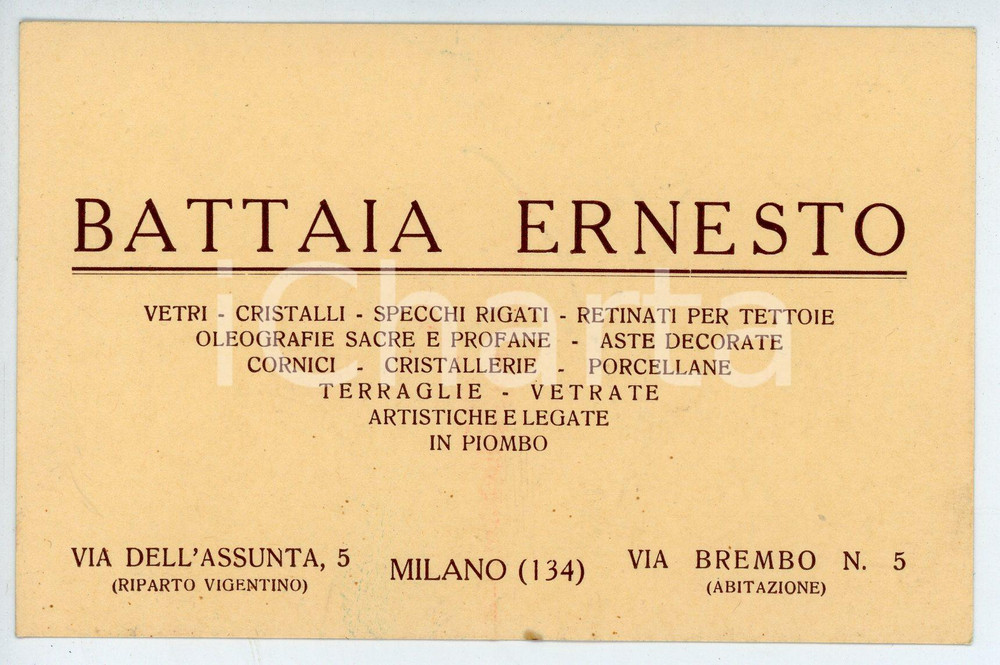 Oggetto da collezione cartaceo 1930 ca MILANO Via dell Assunta 5 Vetraio Ernesto BATTAIA Biglietto da visita 1