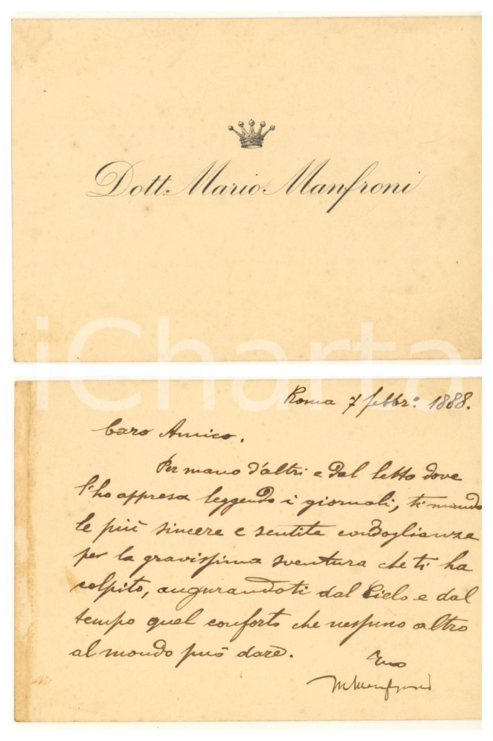 Autografo originale 1888 ROMA Mario MANFRONI  Biglietto condoglianze AUTOGRAFO 1