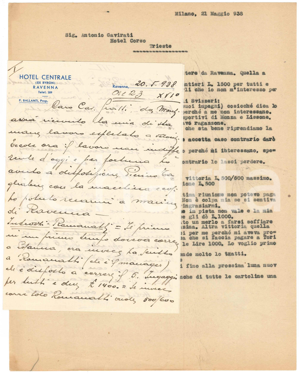 Autografo originale 1938 CICLISMO RAVENNA Lettera Antonio GAVIRATI per ingaggio ciclisti  AUTOGRAFO 1