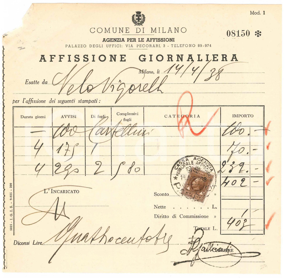 Documento originale, autentico 1938 CICLISMO MILANO Velodromo VIGORELLI Affissione avvisi di gara 2 1