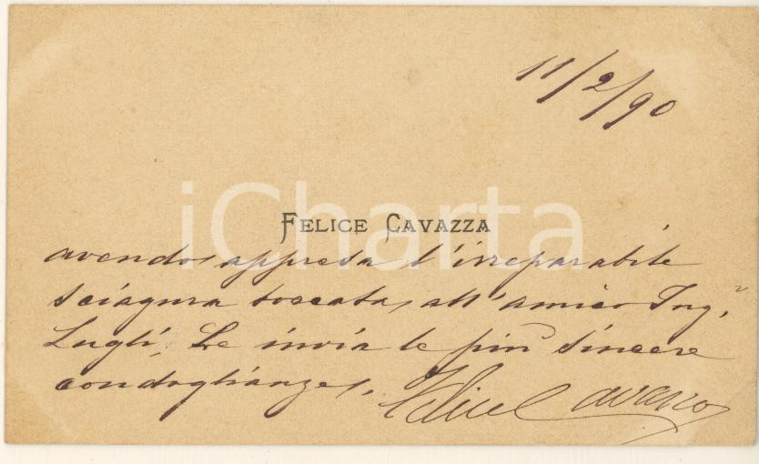 Autografo originale 1890 BOLOGNA Felice CAVAZZA  Biglietto da visita AUTOGRAFO 1