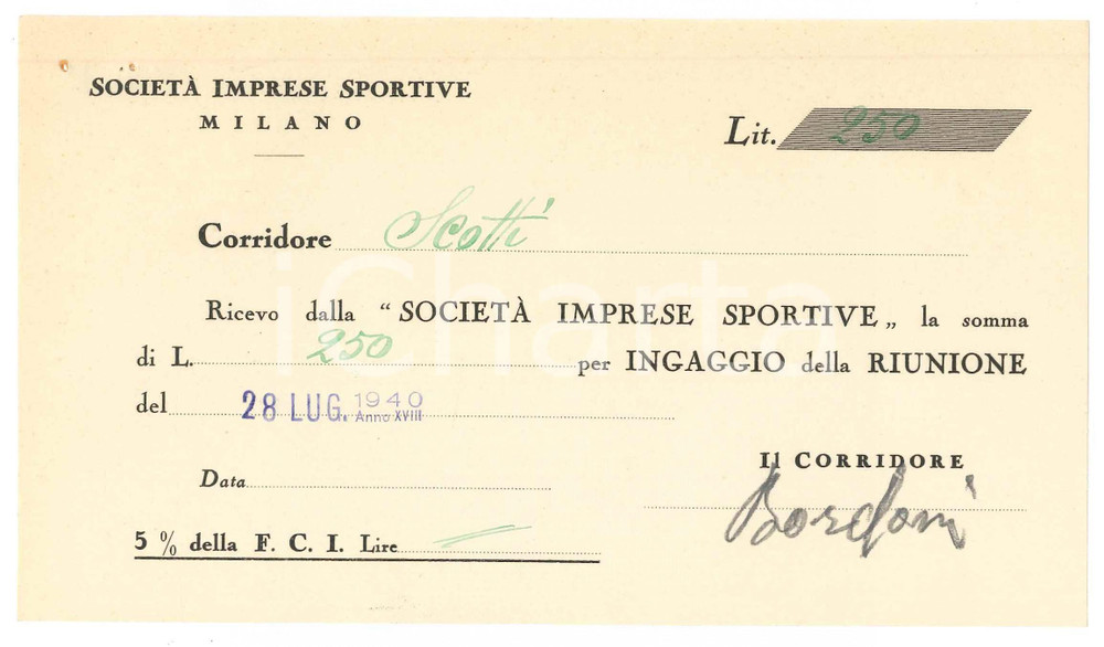 Autografo originale 1940 CICLISMO MILANO Ricevuta Adolfo BORDONI Ingaggio VIGORELLI AUTOGRAFO 1