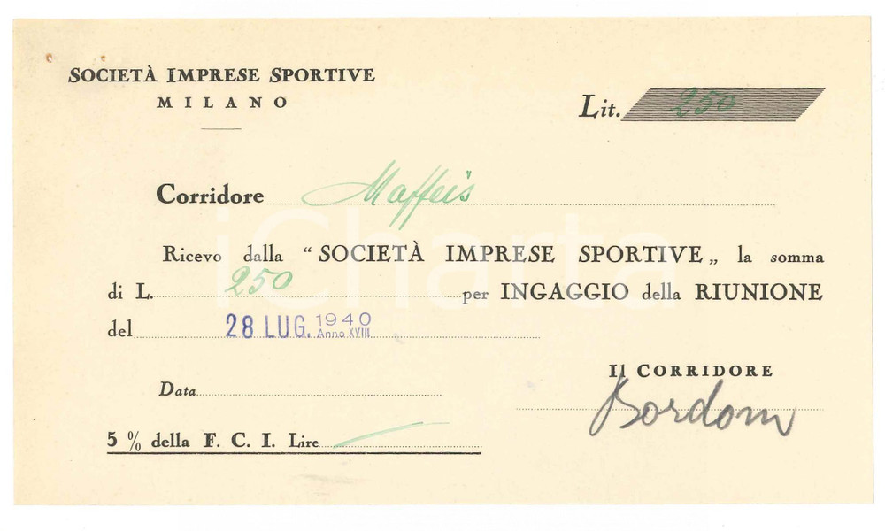 Autografo originale 1940 CICLISMO MILANO Ricevuta Adolfo BORDONI  Ingaggio VIGORELLI Autografo 1