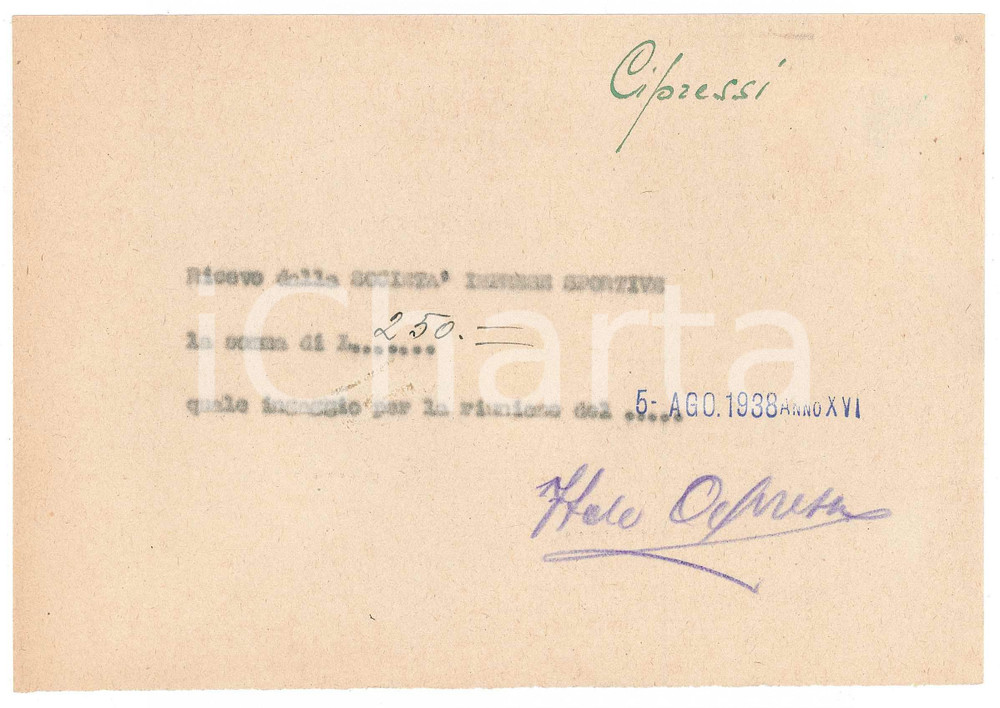 Autografo originale 1938 CICLISMO MILANO Ricevuta Italo CIPRESSI  Ingaggio riunione AUTOGRAFO 1