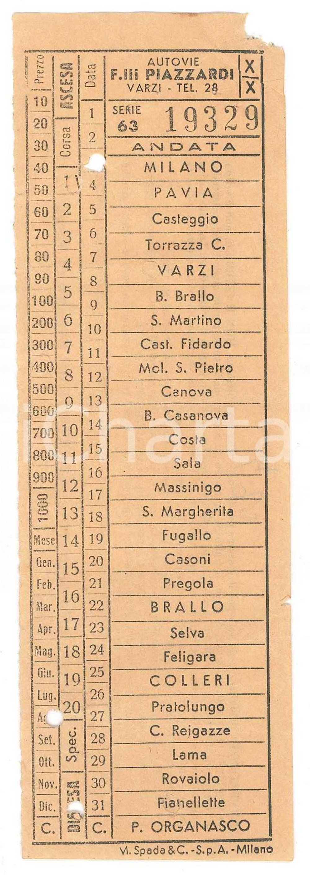 Oggetto da collezione cartaceo 1960 ca VARZI Autovie F.LLI PIAZZARDI  Linea MILANOPONTE ORGANASCO Biglietto 1
