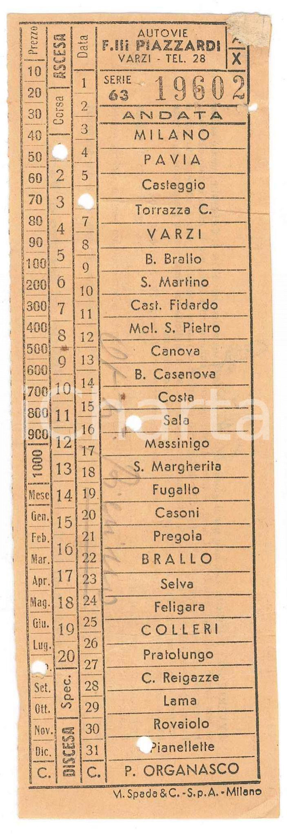 Oggetto da collezione cartaceo 1960 ca VARZI Autovie F.LLI PIAZZARDI  Linea MILANOPONTE ORGANASCO Biglietto 1