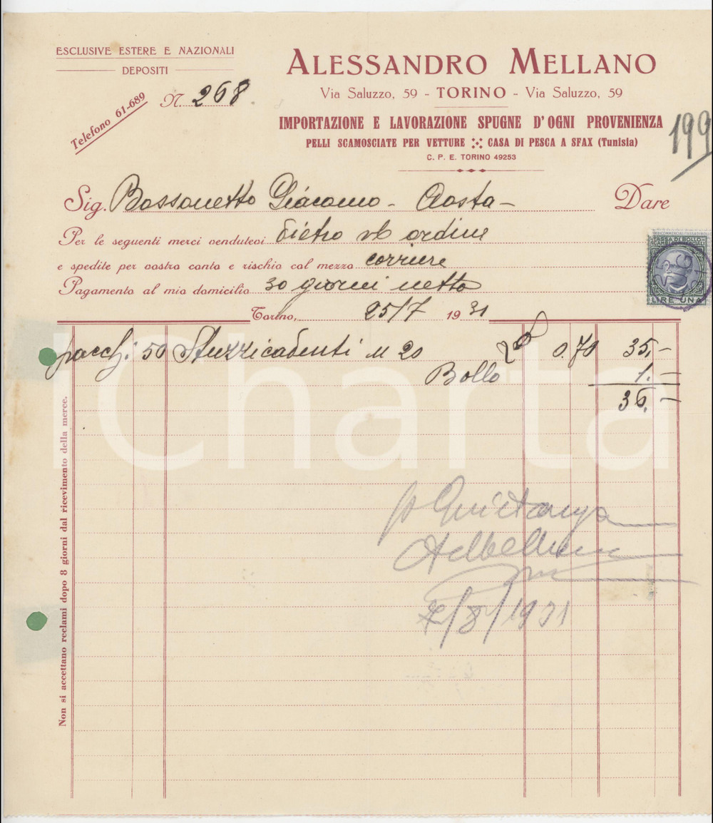 1931 TORINO Via Saluzzo 59 - Alessandro MELLANO Lavorazione spugne - Fattura Fattura originale d'epoca , su carta intestata.PAGINE: 1  FAIR/discreto piegature d'epoca; fori da classificatore FORMATO: 22x24 cm originale e autentica 1